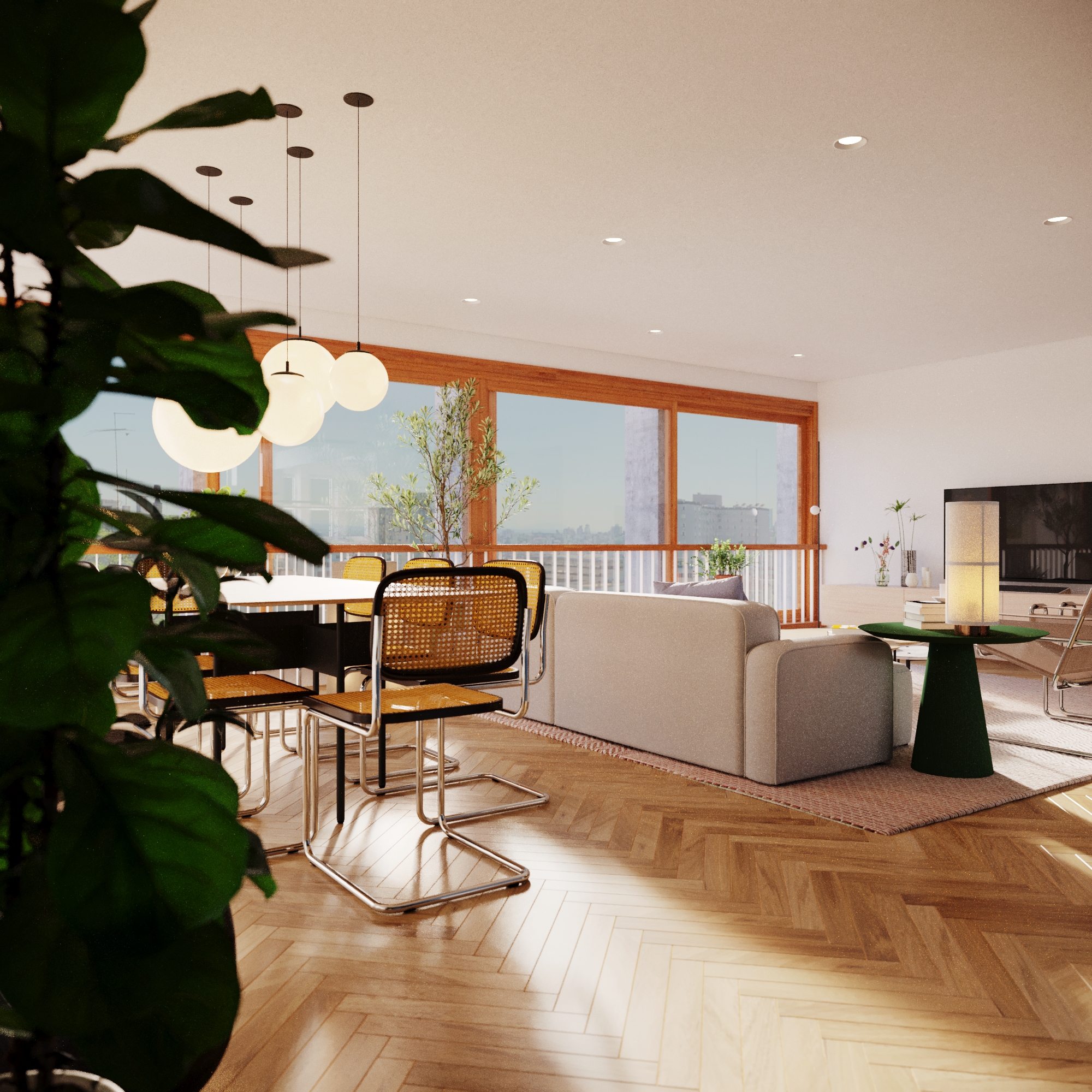 Helvetia Apartment dining area and living room viewed through indoor plants